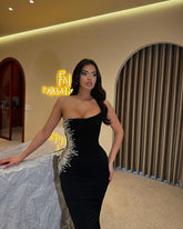 Chic Black Mermaid Strapless Beaded Sleeveless Satin Formal Dress With Rhinestones